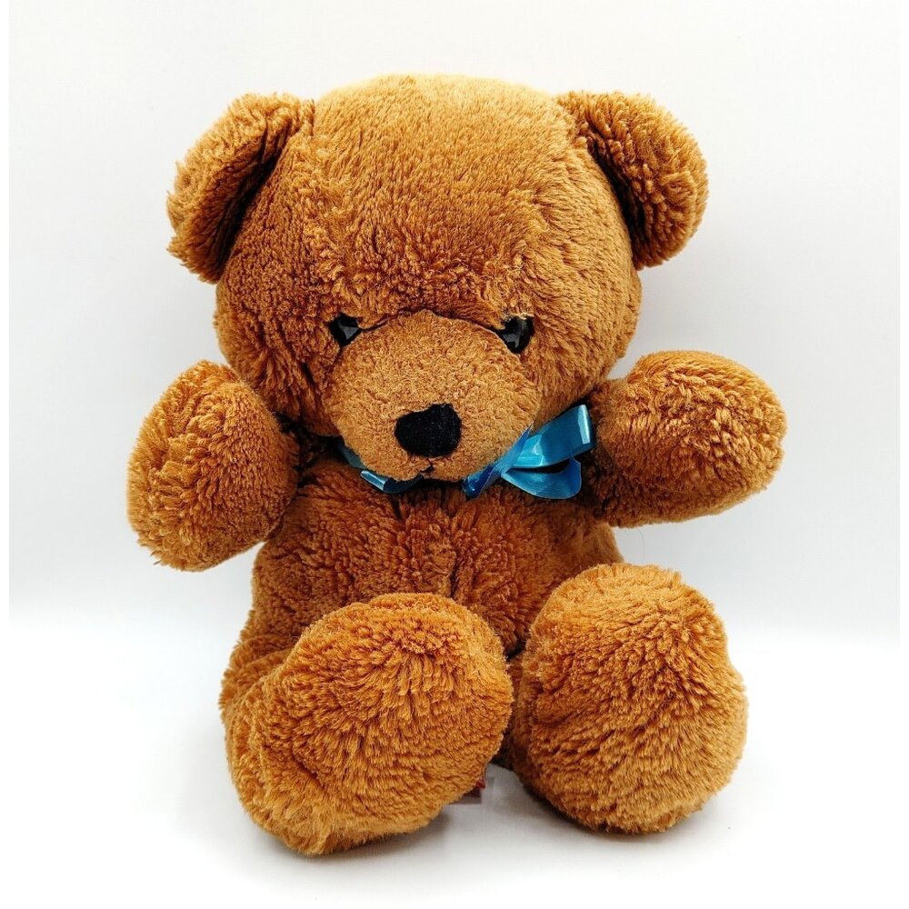 Vintage Dakin Teddy Bear 1986 Plush Brown Furry Stuffed Animal 14" w/Blue Bow